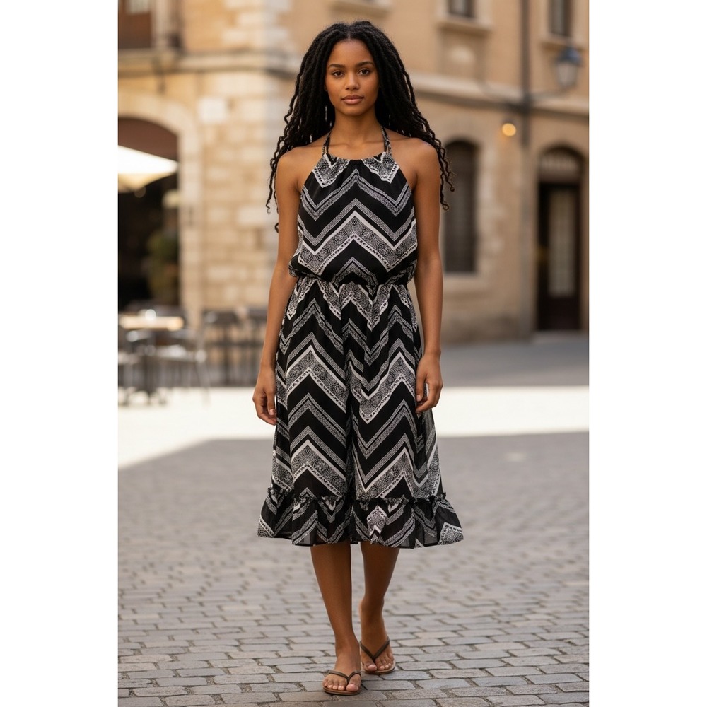 Love Fire Women's Black White Geometric Print Halter Tiered Mini Dress Size M